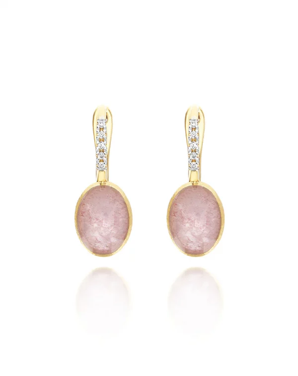 Orecchini donna ciliegine Rosolio "Boules" in oro inciso, diamanti, cristallo di rocca, quarzo fragola (piccoli)