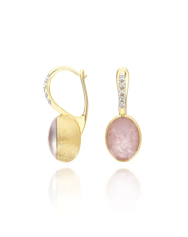 Orecchini donna ciliegine Rosolio "Boules" in oro inciso, diamanti, cristallo di rocca, quarzo fragola (piccoli) - immagine 2