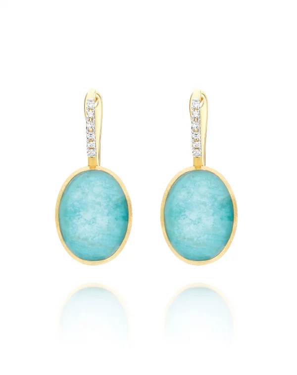 Orecchini Ciliegine Anice "Boules" in oro inciso, diamanti, cristallo di rocca e amazonite (medi) Nanis
