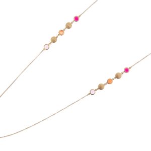 Collana Mignon con catena lunga, saponette satinate e pietre tonde sui toni del rosso Aquaforte